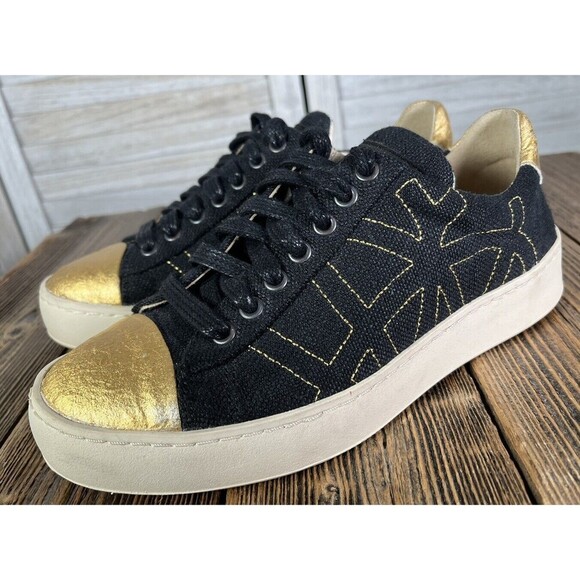 Po-Zu Women's 36 US 5 Lace Up Sneakers Black/Gold - Picture 4 of 11